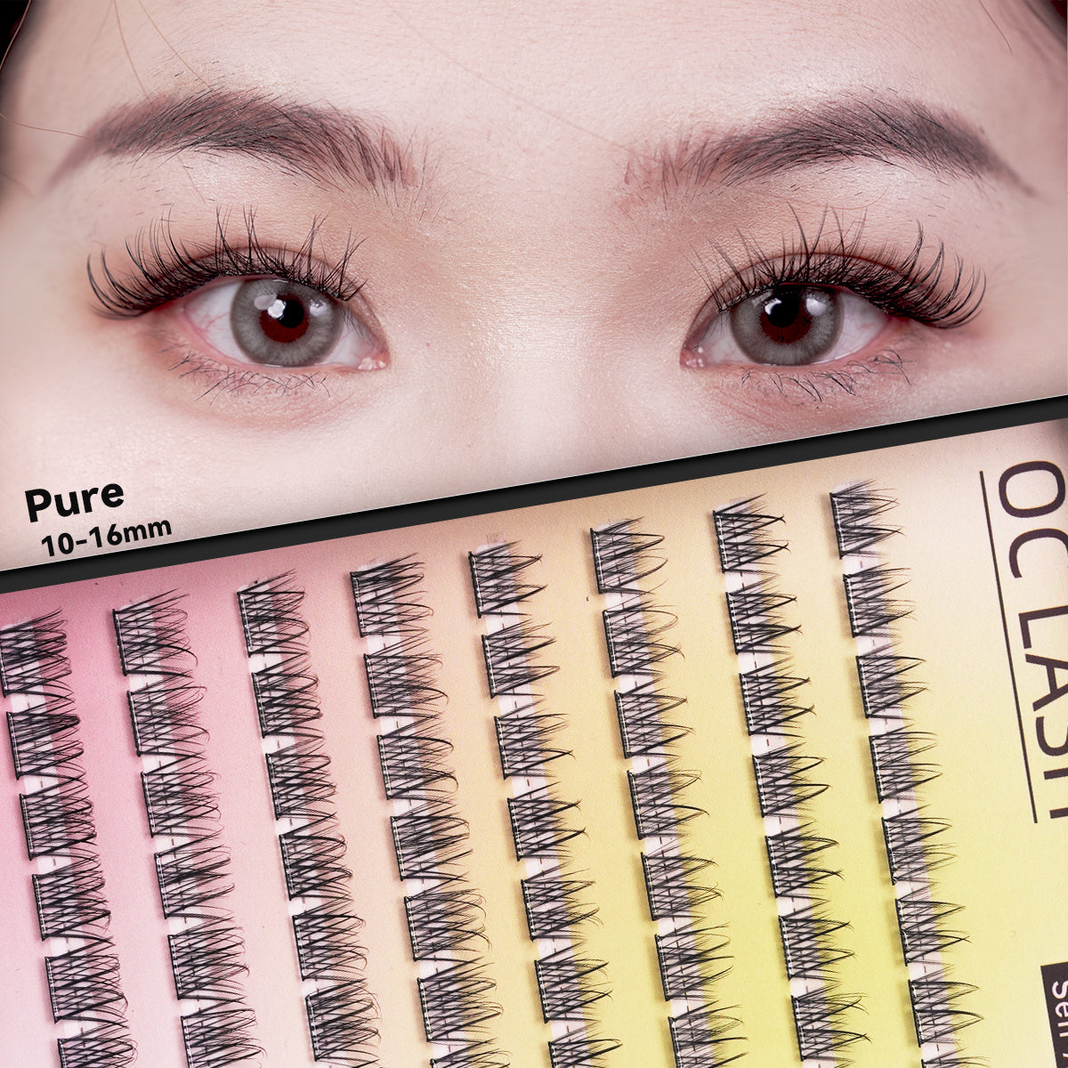【Pure】【Pre-Glued】OC DIY Eyelashes Self Adhesive Lash Clusters Pre glued Eyelash Clusters No Glue Needed Lashes Wispy D-curly Cluster Eyelash extensions 8-16mm Individual Lashes Pure Style