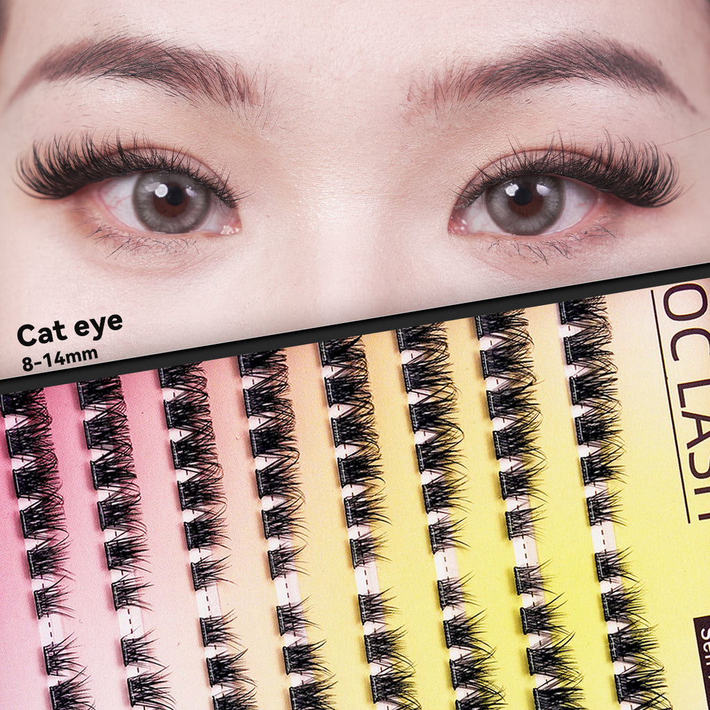 【Cat Eye】【Pre-Glued】OC DIY Eyelashes Self Adhesive Lash Clusters Pre glued Eyelash Clusters No Glue Needed Lashes Wispy D-curly Cluster Eyelash extensions 8-14mm Individual Lashes Cat Eye Style