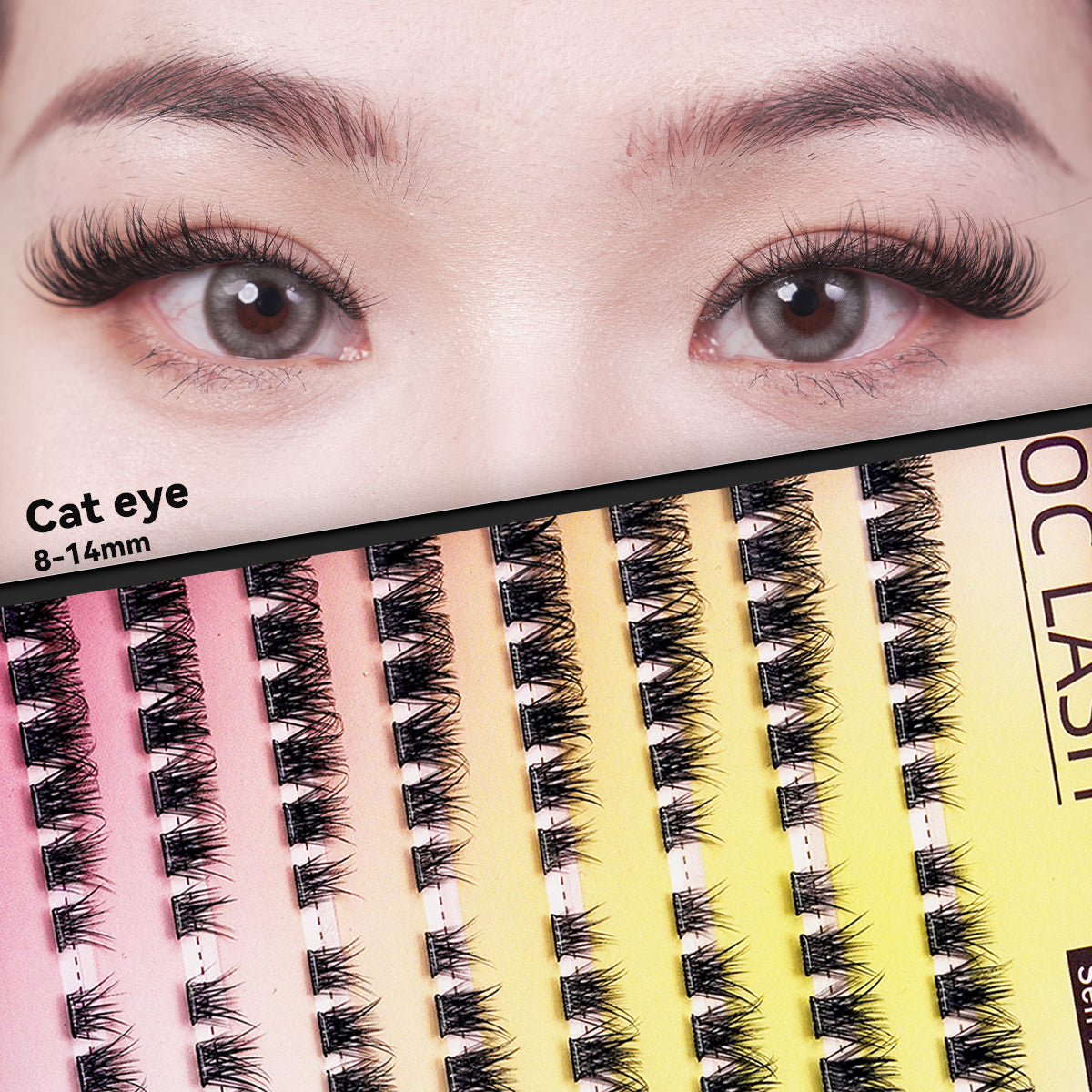 【Cat Eye】【Pre-Glued】OC DIY Eyelashes Self Adhesive Lash Clusters Pre glued Eyelash Clusters No Glue Needed Lashes Wispy D-curly Cluster Eyelash extensions 8-14mm Individual Lashes Cat Eye Style