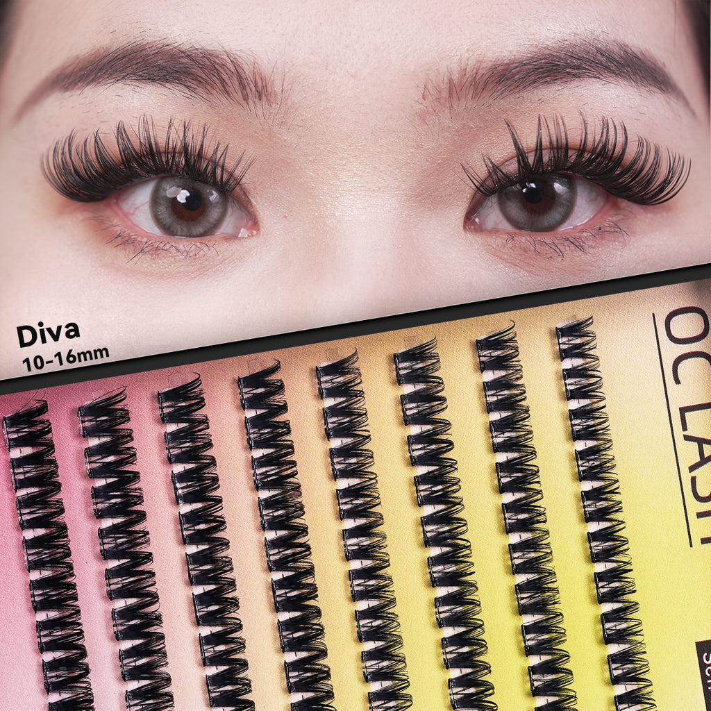 【Diva】【Pre-Glued】OC LASH Self-Adhesive Diva  Lashes 10-16mm Wispy D-Curly Clusters No Glue Needed Easy Application Reusable Synthetic Fiber Eyelash Extensions